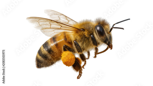 Foto Honey bee with pollen basket on leg flying
