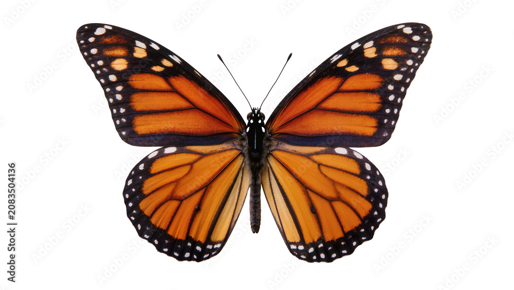 Obraz premium Monarch butterfly with orange black, and white wings spread