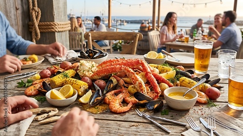 Friends eating seafood boil at outdoor restaurant. Group enjoying crab legs and beer dinner.