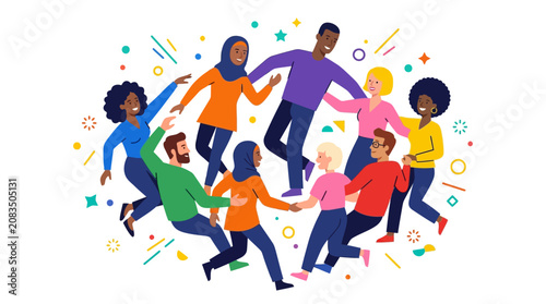 Diverse people holding hands in a circle with colorful confetti