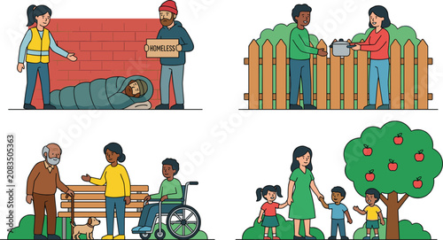 Volunteers and community supporting homeless people disabled individuals elderly citizens and families in flat vector style design