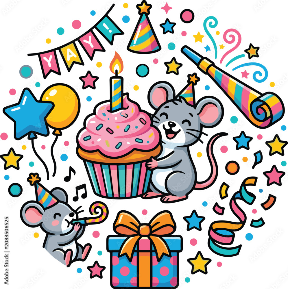 Naklejka premium Cute Mouse Birthday Party Circle Design with Cupcake, Balloon, Gift Box, Party Hat, Confetti, and Stars for Kids Celebration Designs
