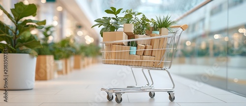 Shopping cart with boxes and greenery in modern space