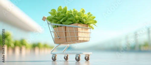 Shopping cart with boxes and greenery in modern space