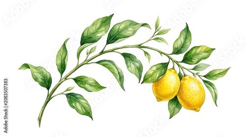 Watercolor lemon branch with leaves. Hand-painted citrus fruit isolated on white background.