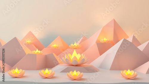 3d rendering of glowing lotus flower candles on a minimalist geometric landscape