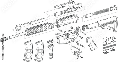 Detailed technical diagram showing exploded view of a modern semi-automatic rifle parts and components,