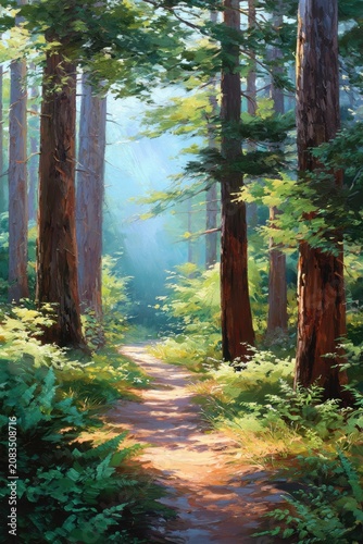 Stylized forest with sunlight and winding path