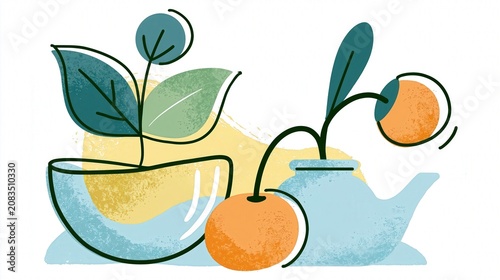 Stylized plants in pots and fresh oranges in a contemporary hand drawn illustration with botanical illustration artistic creative composition
