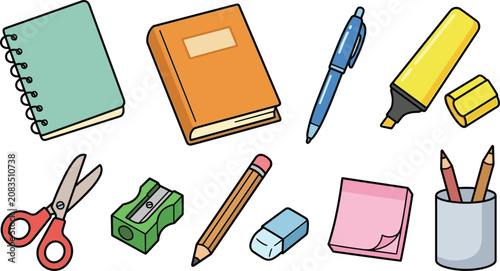 Fotografie School and office stationery vector illustration icon set featuring spiral noteb