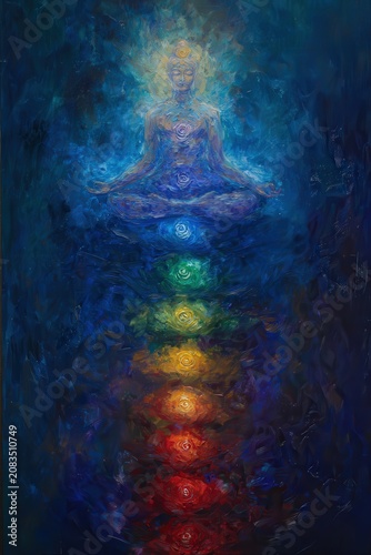 Abstract spiritual meditation illustration with seven glowing chakra energy centers and meditating figure in deep blue background, meditation