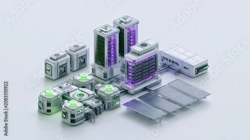 Futuristic sustainable city isometric illustration featuring vertical farming modules and renewable energy technology isometric futuristic