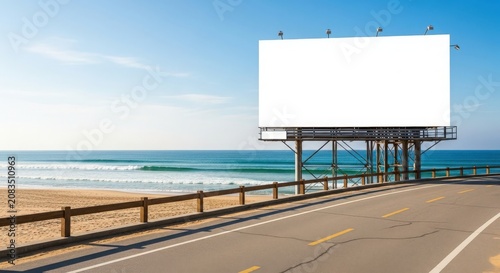 A large blank billboard stands beside a coastal road overlooking a sunny beach and blue ocean.
