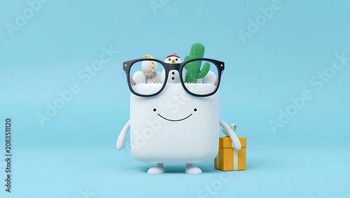 3d render of a cute cartoon character holding a gift box with a snowman and cactus