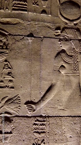 Detailed reliefs of ancient Egyptian deities and hieroglyphs carved on the walls of the Philae Temple. Egypt.