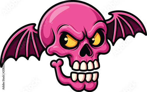 Cute Evil Curious Flying Skull Mascot Vector Logo with Bat Wings, Flat Cartoon Halloween Character, Bold Esports Style, Colorful Clean Illustration Isolated on White Background