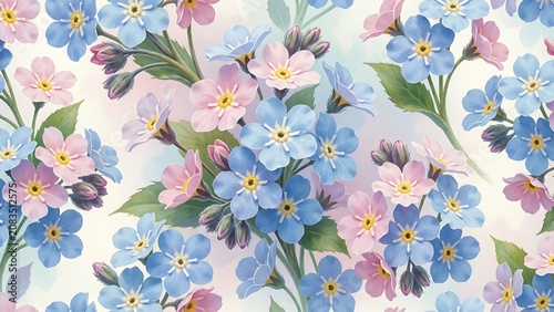 Forget-me-not flower pattern, beautiful floral background with blue and pink blossoms, delicate botanical wallpaper design, nature inspired spring illustration for stationery and textile prints
