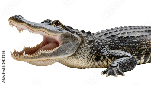 Photos American alligator with mouth open showing sharp teeth and pink tongue