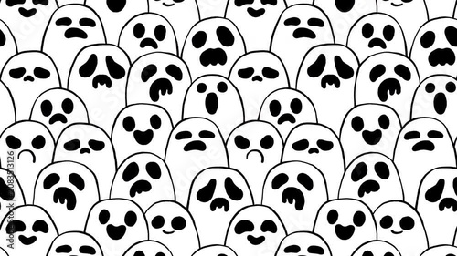 Seamless looping 2D cartoon animation pattern with a hand-drawn crowd of ghosts with various expressions. Perfect for festive promotions, social media, event invitations, or as a dynamic background.