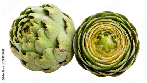 Whole and halved artichoke vegetables with green leaves