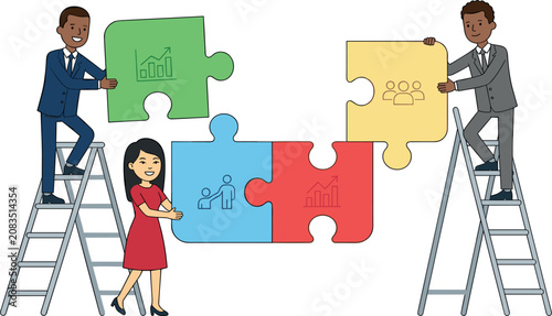Business Team Synergy Vector Illustration with Diverse Colleagues Solving Jigsaw Puzzle Pieces on Stepladders for Corporate Partnership Strategies and Growth Concept Designs