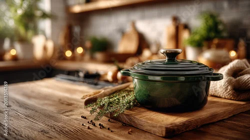 Fototapeta samoprzylepna Emerald green enamel pot with gold knob on a rustic wooden kitchen counter, emphasizing homemade cooking and traditional culinary prep with fresh rosemary and spices