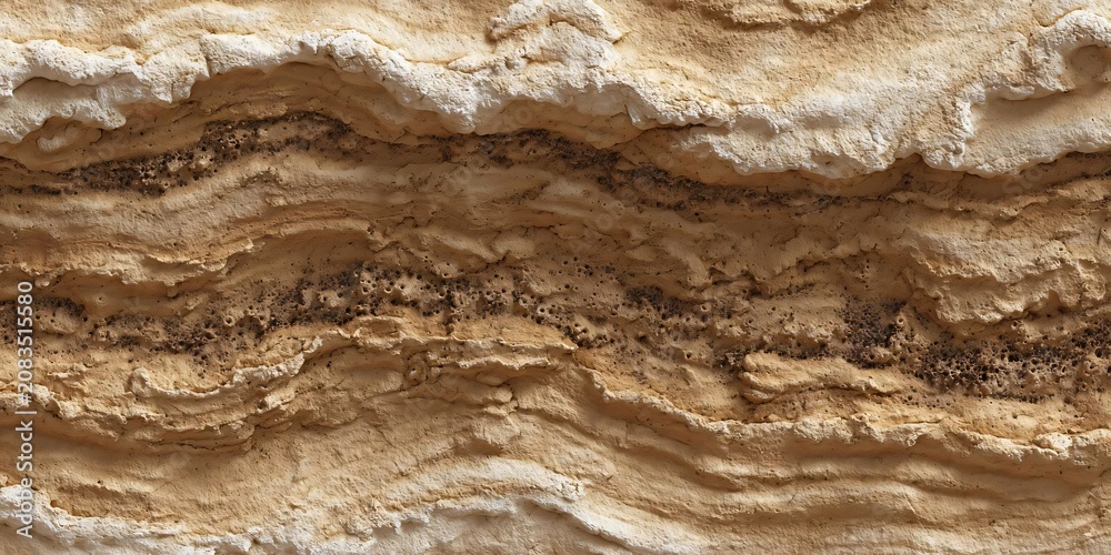 Obraz premium Abstract close-up of natural layered stone texture showcasing beautiful horizontal patterns in earthy tones of brown, beige, and creamy white, perfect for background or surface design elements