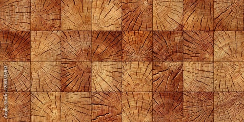 Seamless rustic wooden blocks texture with natural end grain timber pattern and cracks for decorative wall paneling background