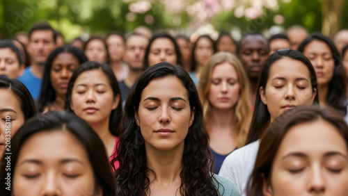 Close up portrait of a beautiful calm woman with closed eyes meditating deeply amidst a large diverse crowd of people during a public mindfulness event or community wellness session