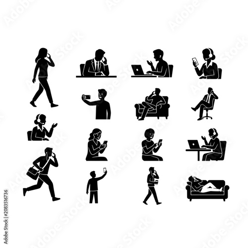 Phone call silhouettes set mobile communication smartphone lifestyle diverse people talking icons collection bundle for corporate web design, vector illustration
