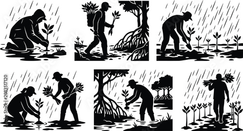 Obraz na płótnie People planting trees in rainy weather