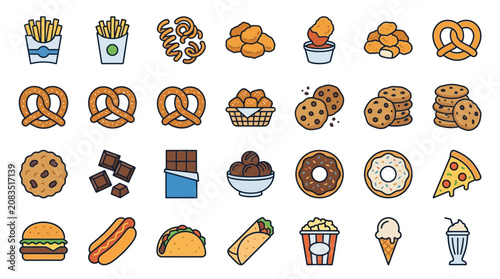 Fast Snack Food Icon Set 30 Linear Editable Stroke Illustrations Including Fries Nuggets Pretzels Cookies and Chocolates for Commercial Design Projects