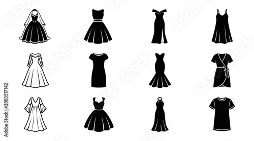 Female Fashion Dress Icon Collection Black Silhouette Editable Stroke Wedding Gown Vintage Evening and Casual Dress Icons in One Composition