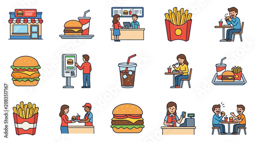 Fast Food Restaurant Icon Pack with Burger Meals Fries Soft Drinks Ordering and Eating Scenes Editable Outline Illustrations for Commercial Design