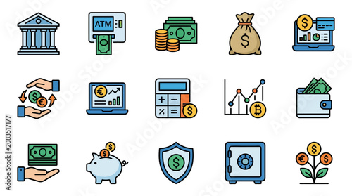 Finance and Banking Icon Set with ATM Money Bags Online Accounting Coins Currency Exchange Bitcoin Chart Wallet Loan Payment Editable Stroke Outline Black Icons