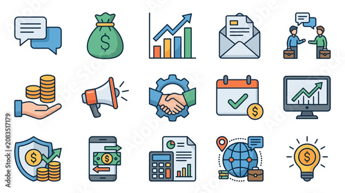 Finance communication icon set with chat bubbles money bags profit charts and growth analytics for business presentations and reports