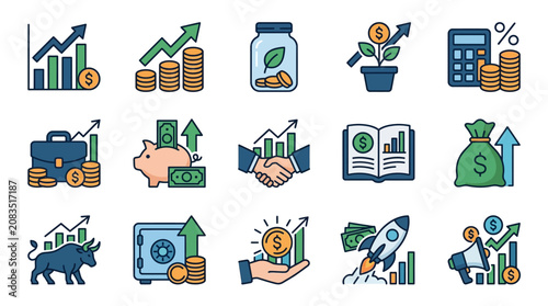 Finance growth concept collection with upward trend chart coin stacks and savings jar editable stroke icons for business and investment success