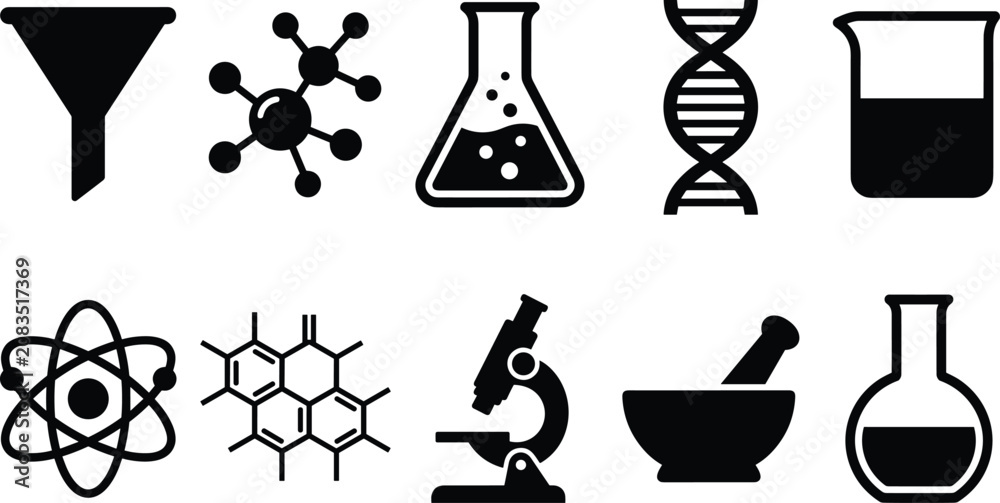 Naklejka premium Science laboratory and medical research stencil equipment black silhouette icons set featuring flask molecule structure beaker DNA helix funnel microscope atom mortar pestle 