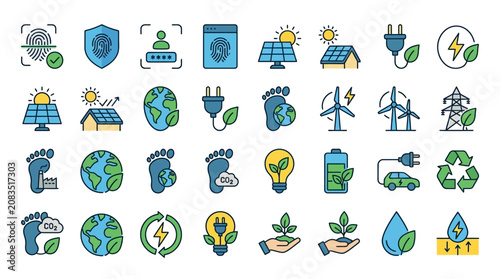 Fingerprint Authentication and Sustainable Energy Icon Pack Solar Panel Array Carbon Footprint Reduction Eco Electricity Editable Stroke Set