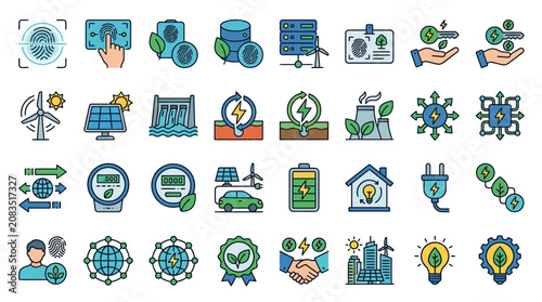Fingerprint Identity Verification Icon with Sustainable Energy Symbols Clean Power Generation Editable Stroke for Modern Security and Green Technology Concepts