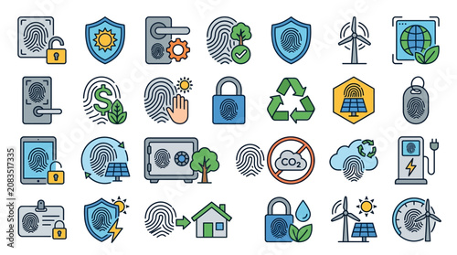 Fingerprint Lock Line Icon Set with Solar Power Wind Energy and Carbon Emission Symbols Editable Stroke Renewable Energy Collection