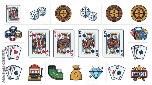 Four kings in a row playing cards detailed line art casino themed editable stroke design King of Hearts Diamonds Clubs and Spades