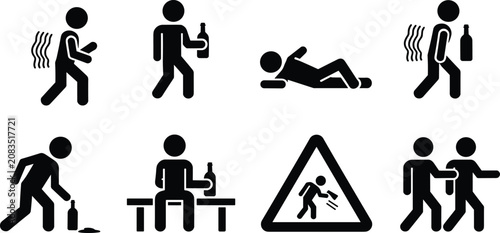 Photos Drunk person stick figure pictogram icon set representing alcoholism bad habits