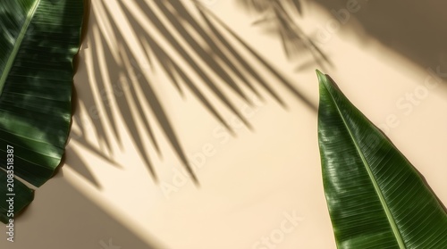 Minimal tropical flat lay featuring vibrant green banana leaves and dramatic palm leaf shadows cast across a smooth neutral beige background for summer design