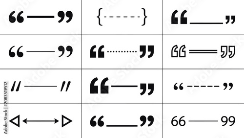 Fotografie Collection of quotation mark symbols and dashes in black silhouette style on a w