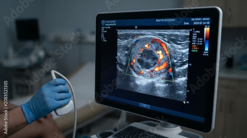 Medical ultrasound screen showing a testicular examination with color doppler mapping displaying blood flow and a hypoechoic lesion, while a sonographer's gloved hand holds the diagnostic probe