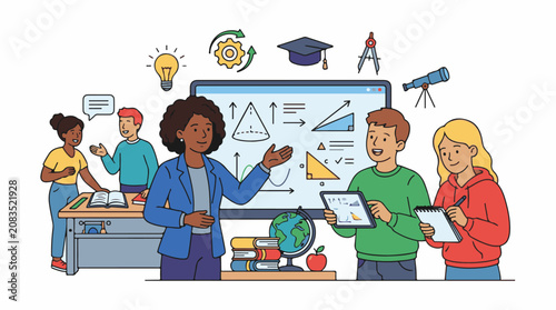 Diverse students learning math and science with teacher and technology