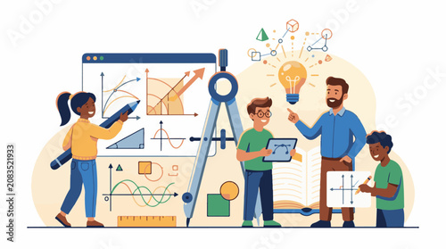 Diverse students learning math and science with teacher bright idea