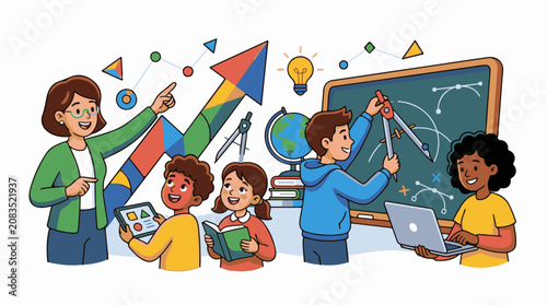 Diverse students learning math and science with teacher guidance