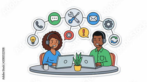 Diverse support agents connected via icons for service